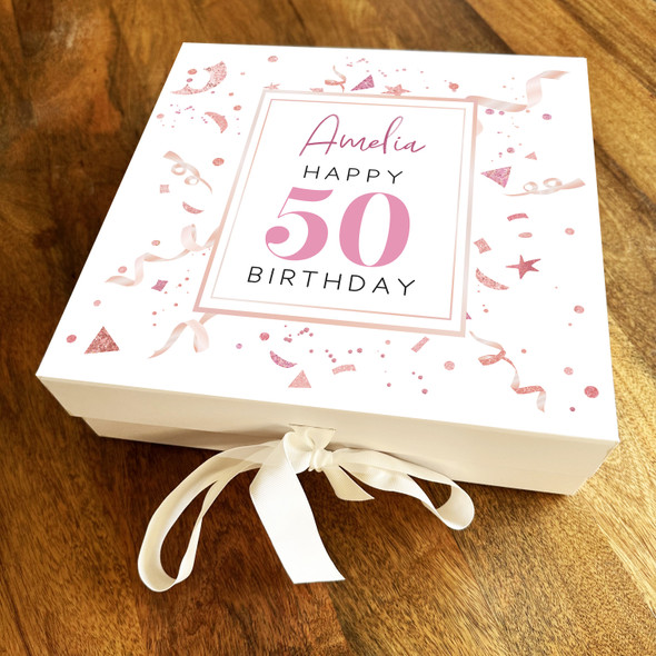Confetti Pink Party Any Age 50th Square Personalised Keepsake Birthday Gift Box