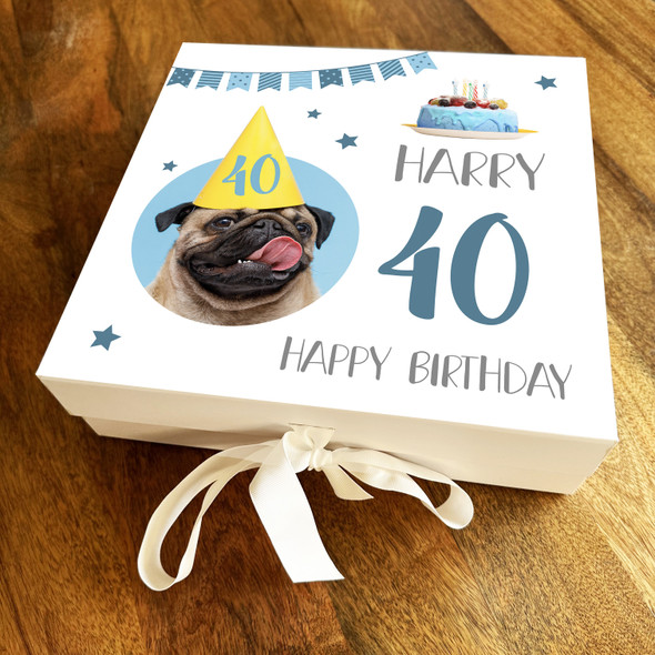 Pug Dog Party Cake Blue Age Bunting Square Personalised Birthday Gift Box