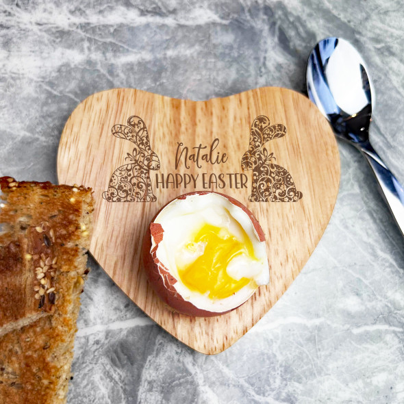 Floral Easter Bunnies Personalised Gift Heart Shaped Breakfast Egg Holder Board