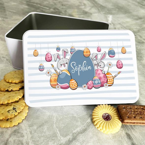 Cute Bunnies With Easter Eggs Blue Personalised Gift Biscuit Sweets Treat Tin