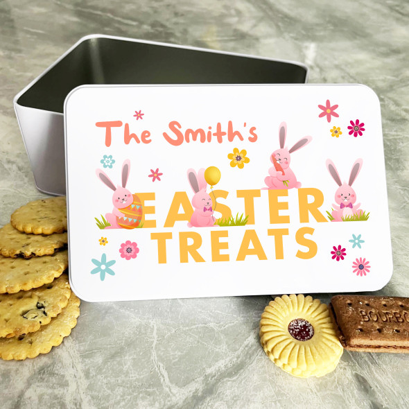 Easter Cute Orange & Pink Bunnies Personalised Gift Biscuit Sweets Treat Tin