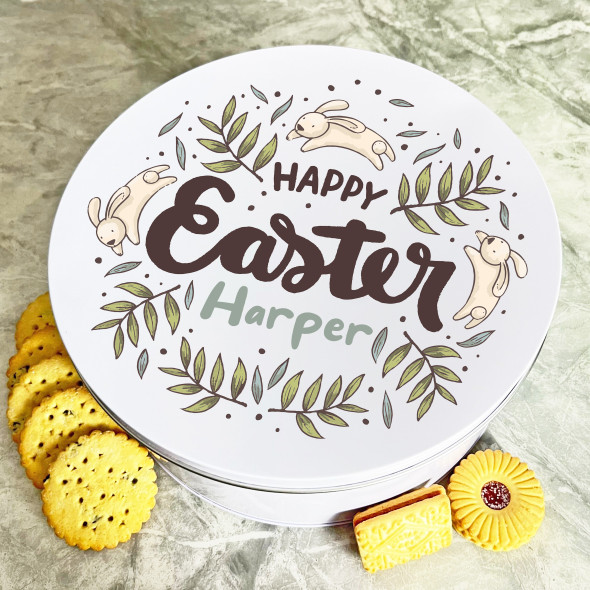 Happy Easter Hopping Bunnies Round Personalised Gift Biscuit Sweets Treat Tin