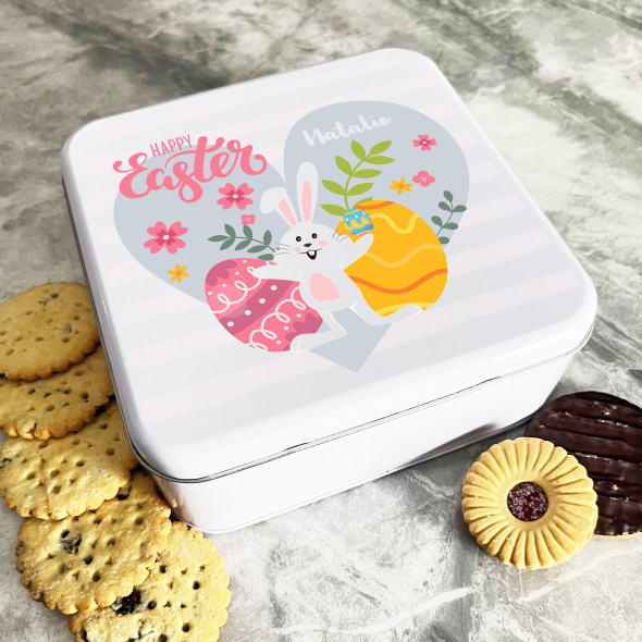 Cute Easter Bunny Eggs & Heart Personalised Gift Cake Biscuits Sweets Treat Tin