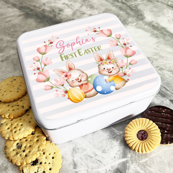 Easter Bunnies Pink Flower Wreath Personalised Gift Biscuit Sweets Treat Tin