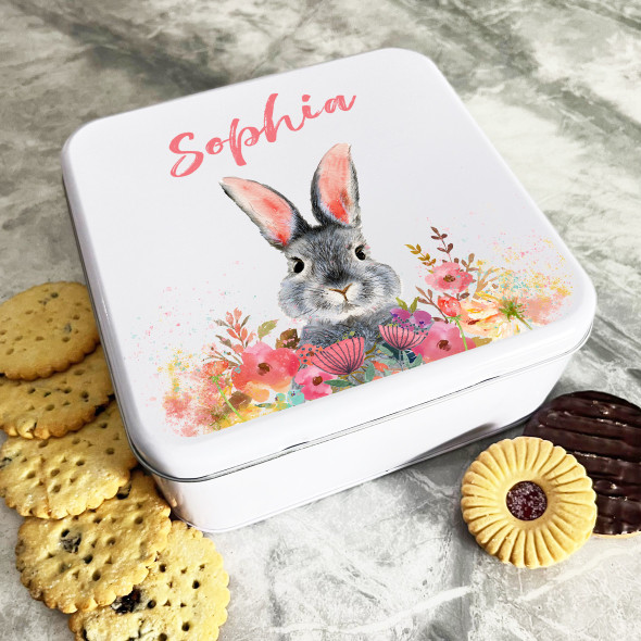 Watercolour Pink Easter Rabbit Personalised Gift Cake Biscuits Sweets Treat Tin