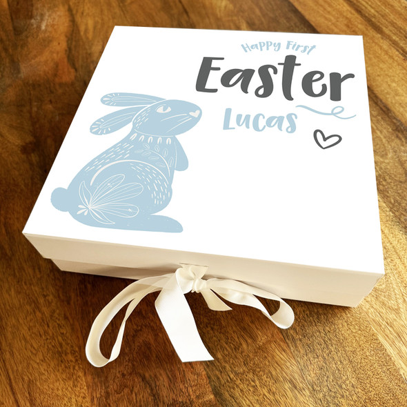 Blue Patterned Bunny First Easter Personalised Square Keepsake Hamper Gift Box