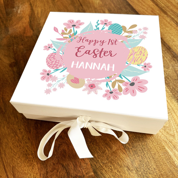 First Easter Pink Flowers Personalised Square Keepsake Hamper Gift Box