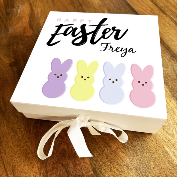 Pastel Cute Rabbits Happy Easter Personalised Square Keepsake Hamper Gift Box