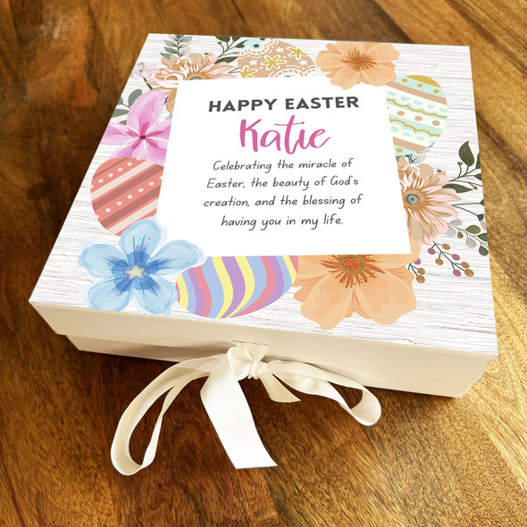 Pretty Flowers & Eggs Happy Easter Personalised Square Keepsake Hamper Gift Box