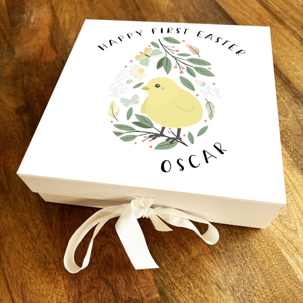 Watercolour Chick Leaves First Easter Personalised Square Hamper Gift Box