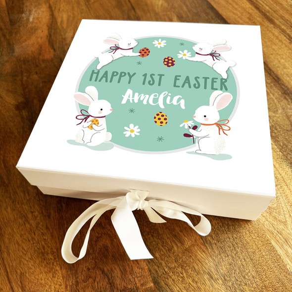 Playful White Rabbits 1st Easter Personalised Square Hamper Gift Box