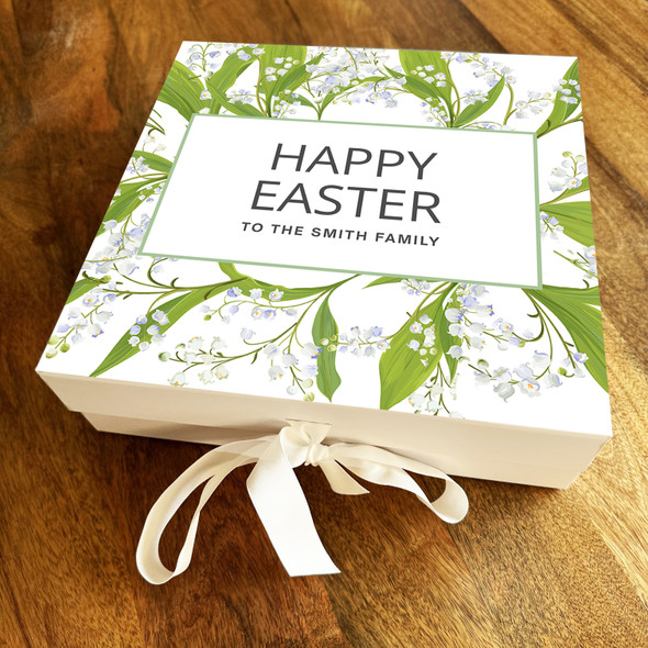 Leaves & White Flowers Happy Easter Personalised Square Hamper Gift Box