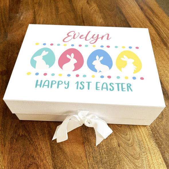 Colourful Rabbits In Eggs 1st Easter Personalised Keepsake Hamper Gift Box
