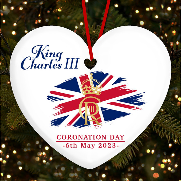 UK Flag Watercolour King Charles III Coronation Souvenir Heart Hanging Ornament