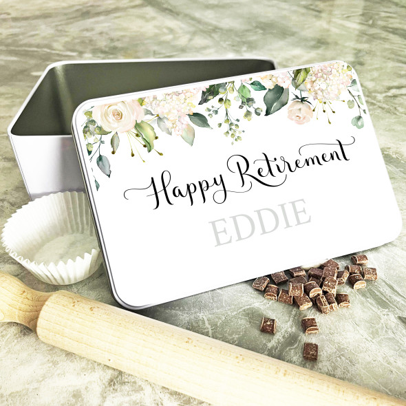 Happy Retirement Peach Floral Rectangle Personalised Treat Tin