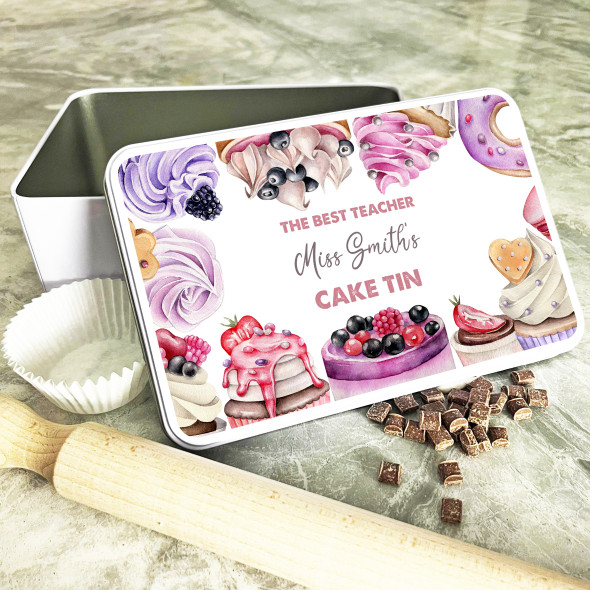 Watercolour Bakes Frame Best Teacher Rectangle Personalised Cake Tin