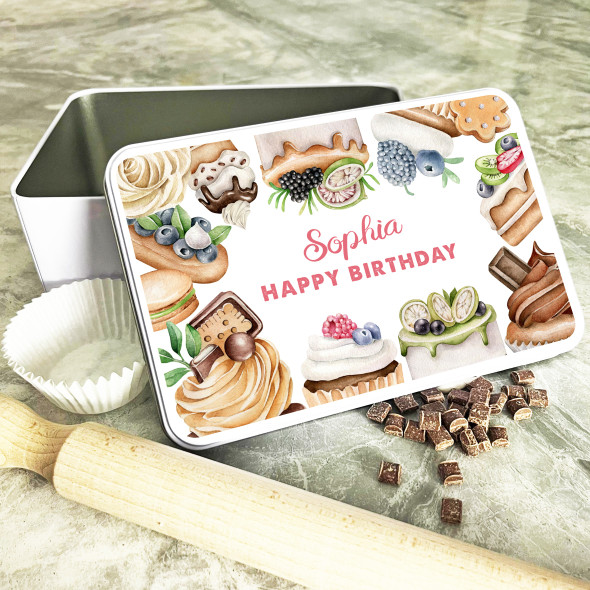 Watercolour Cakes Frame Birthday Rectangle Personalised Cake Tin