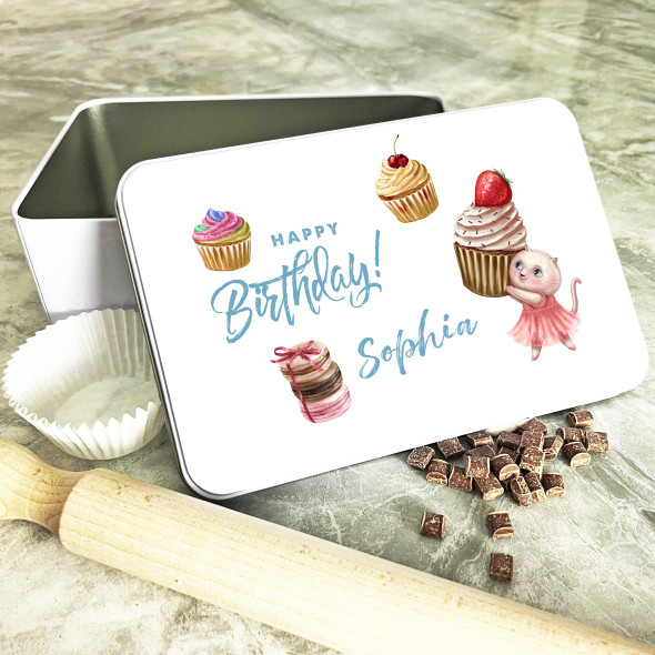 Watercolour Cupcakes Cat Birthday Rectangle Personalised Cake Tin