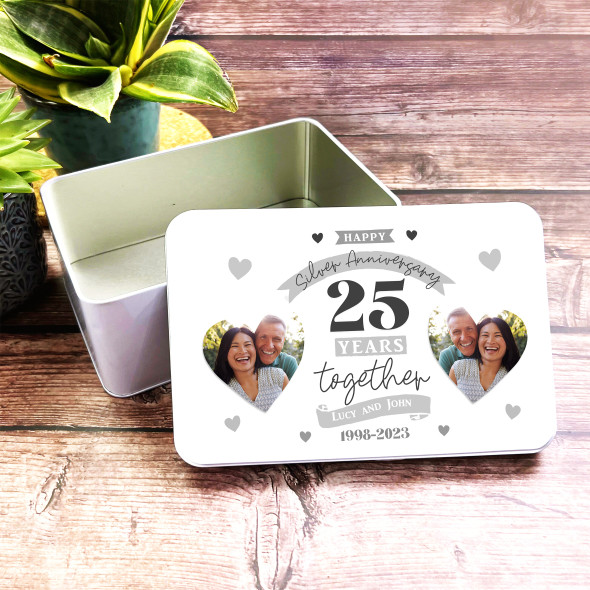 25th Wedding Anniversary Silver Photo Rectangle Personalised Treat Tin