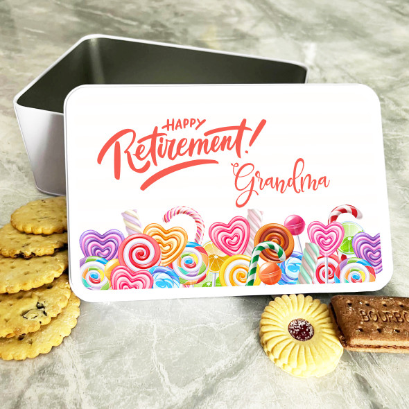 Colourful Candies Grandma Retirement Rectangle Personalised Treat Tin