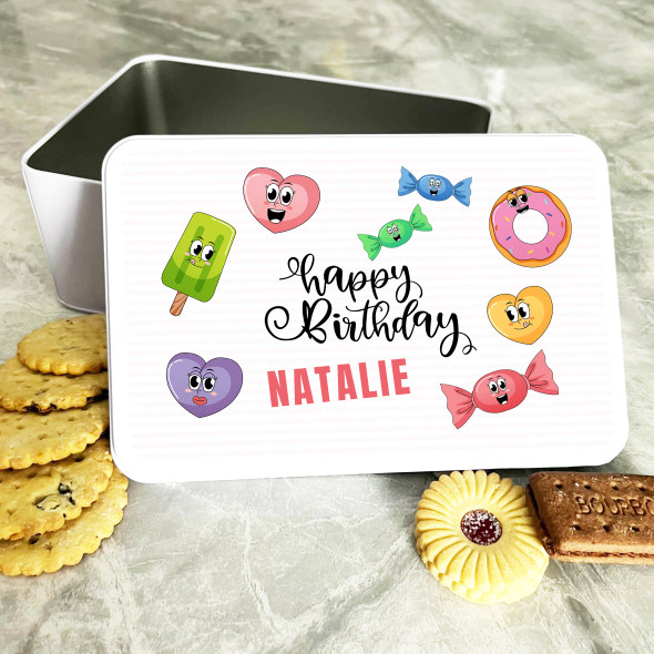 Colourful Funny Sweets Birthday Rectangle Personalised Treat Tin