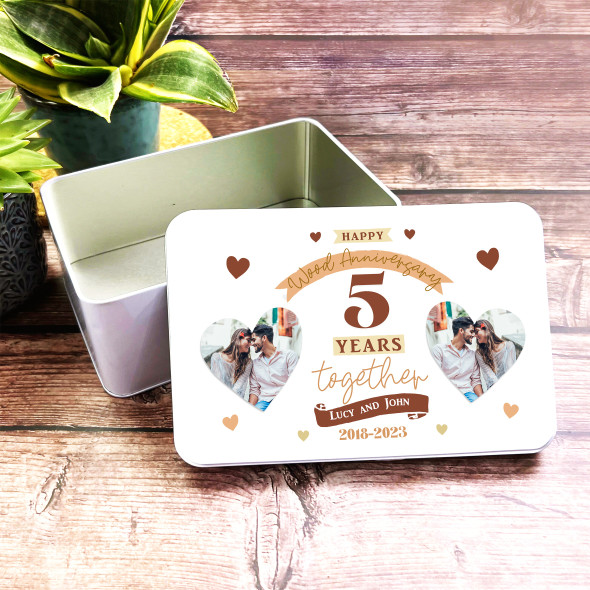 5th Wedding Anniversary Wood Heart Photo Rectangle Personalised Treat Tin