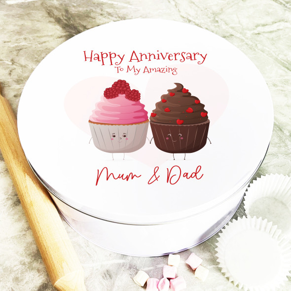 Round Cute Couple Cupcakes Anniversary Personalised Cake Tin