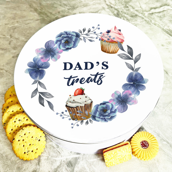 Round Floral Blue Dad's Treats Personalised Cake Tin