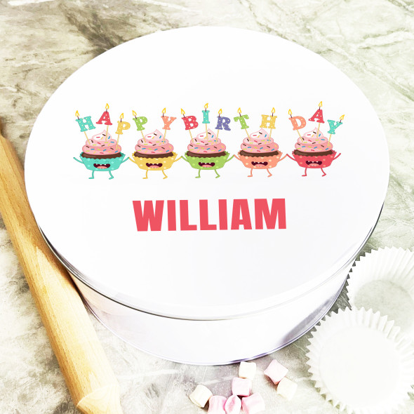 Round Funny Cupcakes Birthday Personalised Cake Tin