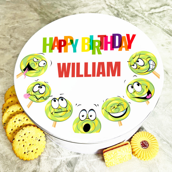 Round Funny Lollipop Characters Birthday Personalised Treat Tin