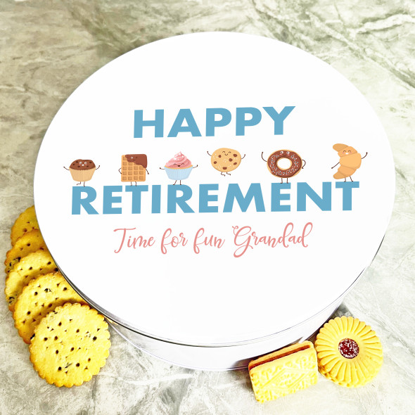 Round Grandad Happy Retirement Pastry Characters Personalised Treat Tin
