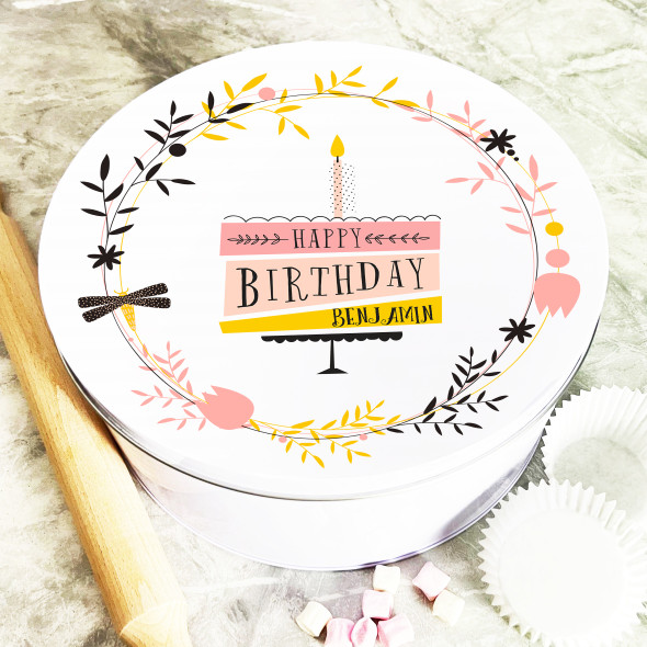 Round Happy Birthday Pink Leaves Floral Personalised Cake Tin