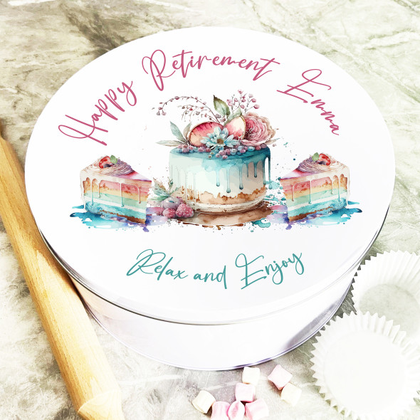 Round Happy Retirement Painted Cupcake Personalised Cake Tin