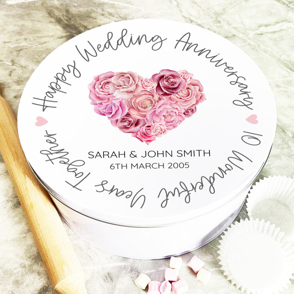 Round Happy Wedding Anniversary Pink Flower Personalised Cake Tin