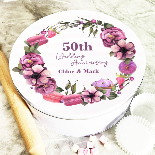 Round Macarons Floral Wreath 50th Wedding Anniversary Personalised Cake Tin