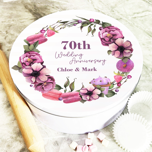 Round Macarons Floral Wreath 70th Wedding Anniversary Personalised Cake Tin