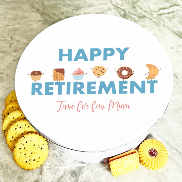 Round Mum Happy Retirement Pastry Characters Personalised Treat Tin