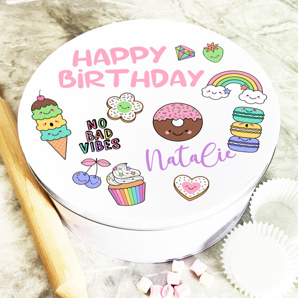 Round No Bad Vibes Birthday Colourful Cute Characters Personalised Treat Tin