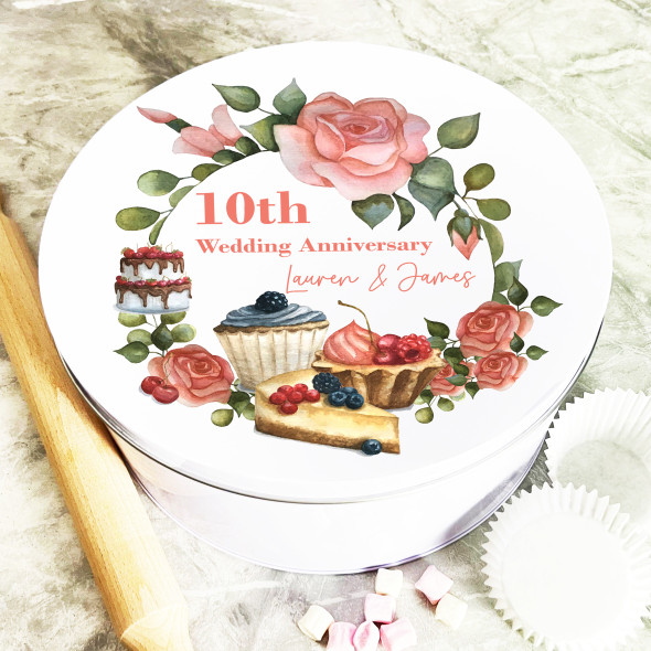 Round Pastry Floral Cake 10th Wedding Anniversary Personalised Cake Tin