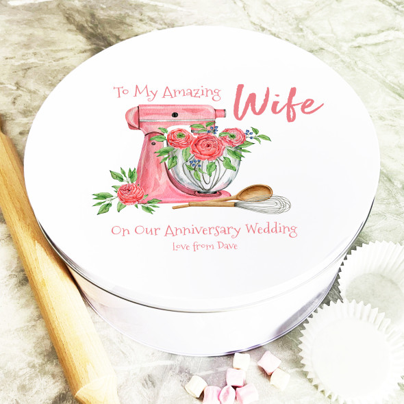 Round Pink Watercolour Mixer Anniversary Personalised Cake Tin