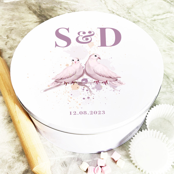 Round Purple Doves Birds Anniversary Personalised Cake Tin