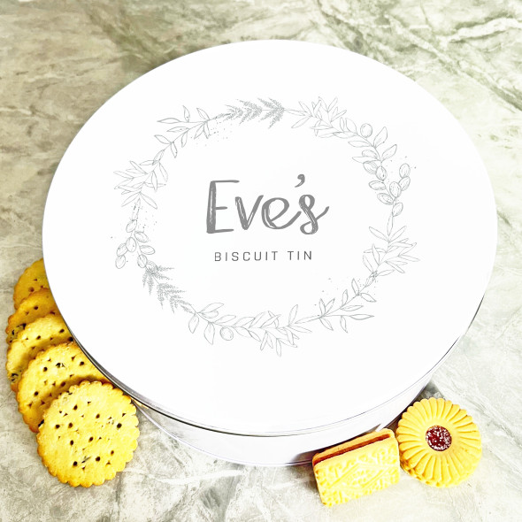 Round Subtle Grey Floral Frame Personalised Biscuit Tin
