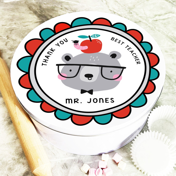 Round Thank You Teacher Bear & Apple Personalised Treat Tin