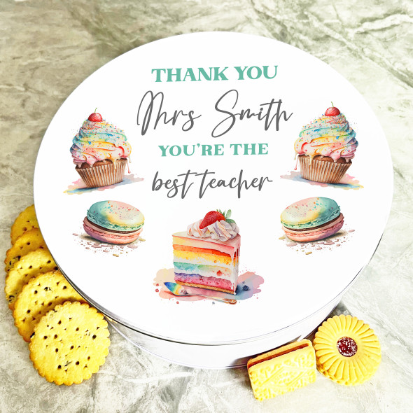 Round Thank You Teacher The Best Rainbow Personalised Cake Tin