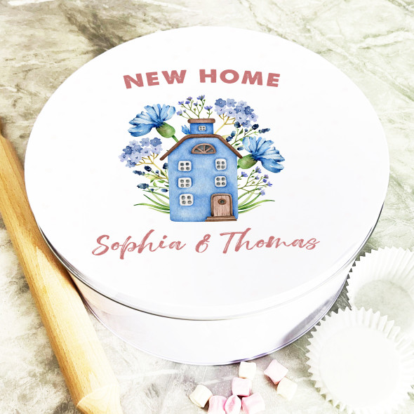 Round Tiny Blue House New Home Personalised Cake Tin