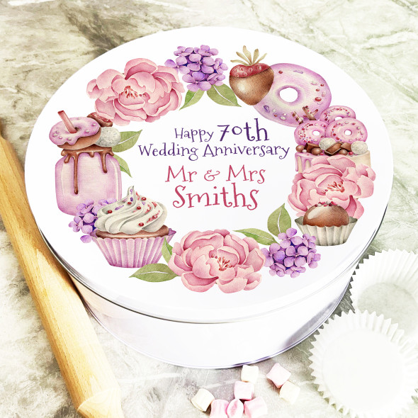 Round Treats Floral Wreath 70th Wedding Anniversary Personalised Cake Tin