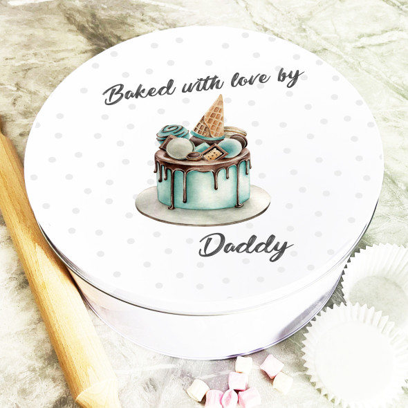 Round Watercolour Blue Bake With Love Daddy Personalised Cake Tin