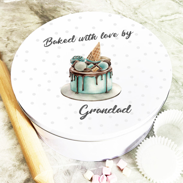 Round Watercolour Blue Bake With Love Grandad Personalised Cake Tin