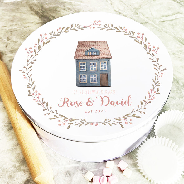 Round Watercolour House New Home Personalised Cake Tin