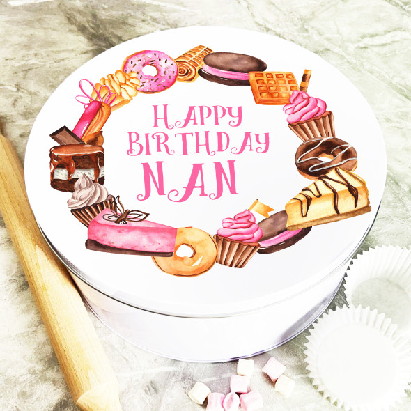 Round Watercolour Treats Happy Birthday Nan Personalised Cake Tin